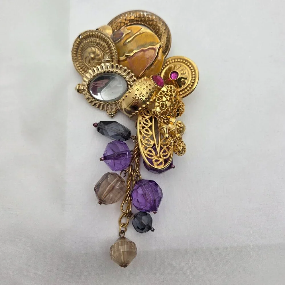 Vintage Maximalist Assemblage Brooch - Gold Tone with Purple Dangle Charms